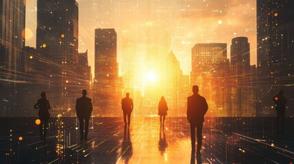Leinwandbilder - Digital skyline with silhouettes of professionals against a vibrant sunset and futuristic cityscape