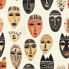 Poster - Colorful doodle of ethnic masks showcases diverse cultural artistry and creativity on a light background