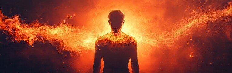 Fototapete - Man surrounded by glowing flames in a dramatic display of light and energy at dusk
