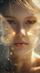 Poster - Serene portrait of a woman with glowing features and ethereal butterfly-like light effects in a mystical setting