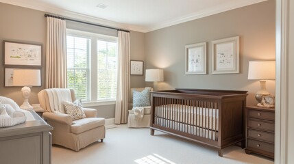 Aufkleber - Soft gray nursery with wooden furniture and natural light for a cozy atmosphere