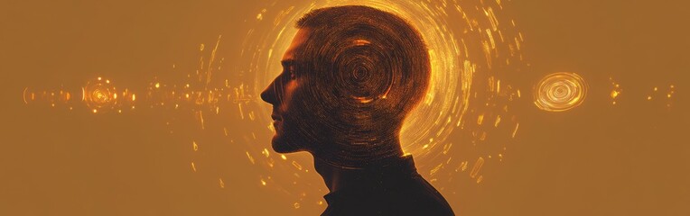 Aufkleber - Mystical profile of a man surrounded by swirling golden light in an ethereal atmosphere at dusk