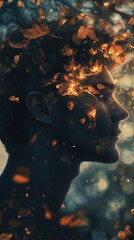Aufkleber - Mystical profile of a man adorned with ethereal leaves and glowing light at twilight in a serene forest backdrop