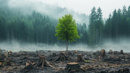 Wall Mural - striking contrast of a lone green tree amidst a deforested landscape on a misty morning. generative 