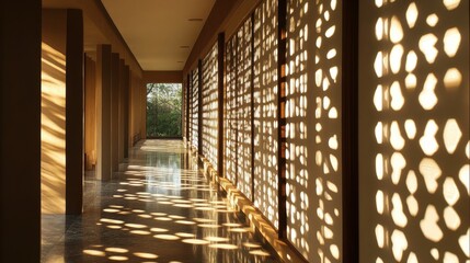 Aufkleber - Sunlight filters through a patterned hallway, creating dynamic shadows on the floor during the afternoon hours in a serene environment