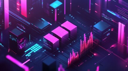 Aufkleber - Futuristic visualization of ETF markets showcasing digital data trends and market activity in a vibrant neon landscape