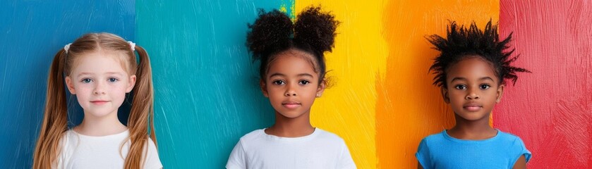 Three diverse children standing against colorful painted background