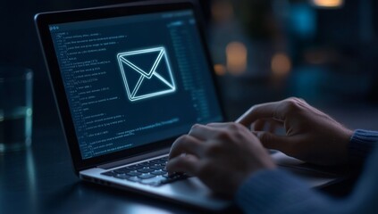 night coder emailing, laptop screen, dark room