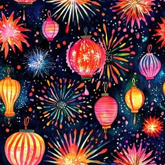 Fototapete - Vibrant doodle watercolor art showcasing colorful lanterns and fireworks against a dark background during a festive celebration