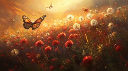 Aufkleber - Dreamy spring setting with butterflies fluttering among colorful flowers in a warm golden light