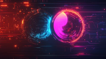 Poster - Abstract digital background with interconnected circles in neon colors