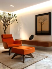 Wall Mural - Modern Orange Lounge Chair and Ottoman - A vibrant orange lounge chair and ottoman set in a minimalist living room with a wood media console and artwork