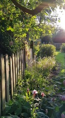 Poster - Sunlit Garden Path Beside Wooden Fence and Flowers