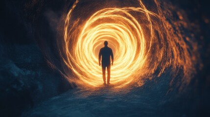 Aufkleber - Glowing figure standing at the entrance of a fiery vortex in a dark landscape during twilight
