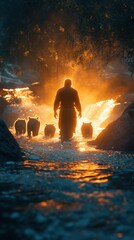 Poster - Man glowing with energy walks through water, surrounded by wild animals during sunset in a serene natural setting