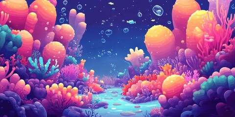 Sticker - Colorful coral reef with bubbles and small fish swimming