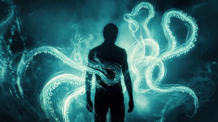 Aufkleber - Man surrounded by glowing tentacles in an abstract representation of unity with nature