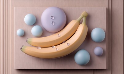 Wall Mural - A vibrant arrangement of bananas and pastel spheres on a wooden surface, showcasing modern design aesthetics