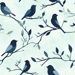 Aufkleber - Soothing watercolor doodles of birds perched on branches creating a calming effect