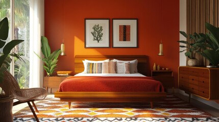 Poster - Bold orange accent wall enhances the cozy atmosphere of this stylish bedroom with modern furnishings and vibrant decor