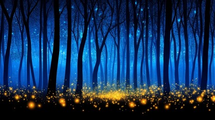 Wall Mural - enchanted forest at twilight with glowing fireflies illuminating the dark surroundings