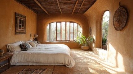 Aufkleber - Cozy bedroom featuring organic cotton bedding and natural textures with bright sunlight filtering through windows