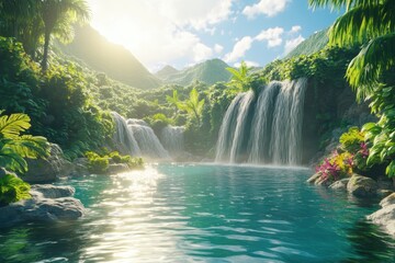 Wall Mural - Lush tropical waterfall cascading into a serene lagoon landscape