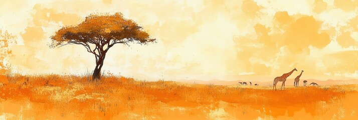 Poster - Giraffes grazing under an acacia tree in a vibrant sunset landscape of golden hues. Generative AI