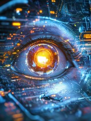 Leinwandbilder - Close up view of a glowing robotic eye with intricate circuits in a futuristic setting showcasing advanced technology. Generative AI