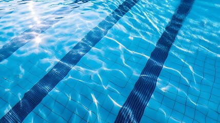 Poster - Clear blue swimming pool lanes with rippling water surface and sunlight reflection creating a serene refreshing and tranquil underwater scene  Ideal for concepts related to relaxation leisure fitness