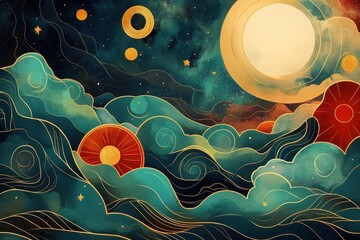 Poster - Abstract celestial landscape featuring stylized clouds moon and stars