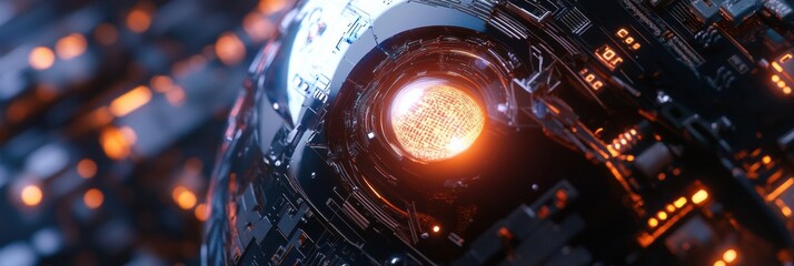 Leinwandbilder - Robotic eye glowing softly amidst intricate futuristic circuits showcasing advanced technology. Generative AI
