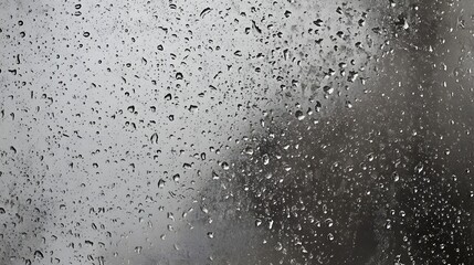 Fototapete - Close up view of glistening water droplets on a glass window pane during a rainy overcast day  The transparent surface reflects the cloudy blurry outdoor environment in a minimalist abstract manner
