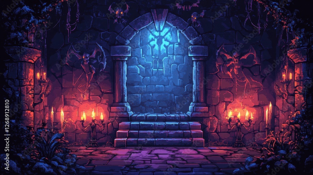 Pixel art depicts an entrance to a mysterious ancient dungeon Stock ...