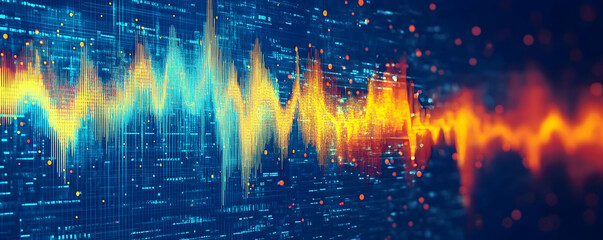 Wall Mural - Abstract digital background with colorful sound waves and data points on a dark blue gradient