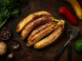 Wall Mural - Ripe bananas with spots on a wooden table surrounded by spices and vegetables, ideal for cooking