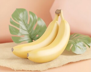 Wall Mural - Two ripe bananas resting on a textured surface with tropical leaves, set against a soft pastel background