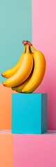 Wall Mural - Vibrant arrangement of ripe bananas on a colorful geometric pedestal against a pastel background