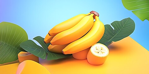 Wall Mural - Vibrant arrangement of ripe bananas and tropical leaves against a colorful background