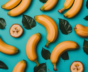 Wall Mural - Vibrant arrangement of ripe bananas surrounded by green leaves on a bright blue background