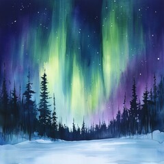 Aufkleber - Colorful aurora borealis lights up a winter landscape with evergreen trees and a snowy ground at night. Generative AI