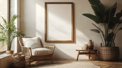 Aufkleber - Cozy and Inviting Modern Living Room with Natural Elements and Minimalist Decor  The space features a comfortable sofa wooden furniture lush plants and warm lighting