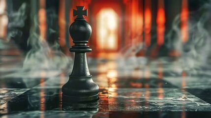 Wall Mural - 3d rendering of a black chess piece on a chessboard. the background is out of focus and there is a s
