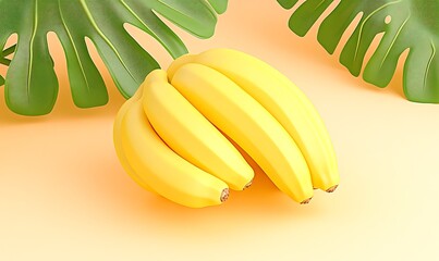 Wall Mural - Vibrant bunch of ripe bananas surrounded by lush green leaves on a soft pastel background