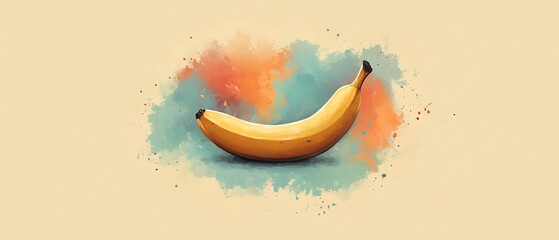 Wall Mural - Vibrant illustration of a single banana against a colorful watercolor background with splashes