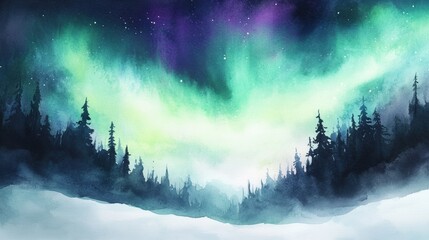 Poster - Mesmerizing northern lights illuminate snowy landscape at night with silhouetted trees. Generative AI
