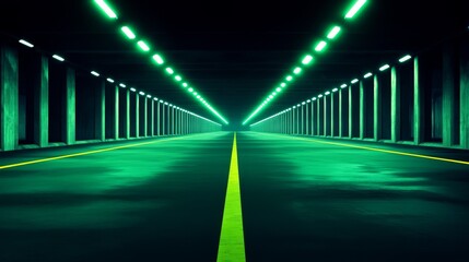 Wall Mural - Futuristic tunnel with green light and a central lane leading into darkness, creating a mysterious atmosphere