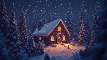 Wall Mural - Cozy cabin warmly lit amidst a snowy winter forest