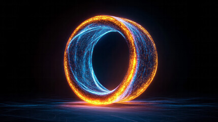 Wall Mural - A cyber-inspired whirlwind effect: concentric neon-blue rings erupting in bright orange accents at