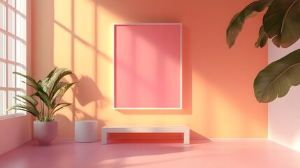 Poster - Cozy and minimalist modern living room interior with pink color accents lush potted plant and warm natural light streaming through large windows creating a peaceful and inviting atmosphere